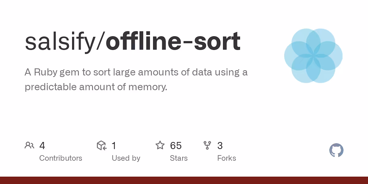  A Ruby gem to sort large amounts of data using a predictable amount of memory.
