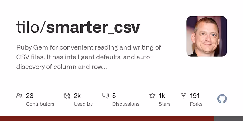 tilo/smarter_csv: Ruby Gem for convenient reading and writing of CSV files. It has intelligent defaults, and auto-discovery of column and row separators. It imports CSV Files as Array(s) of Hashes, suitable for direct processing with ActiveRecord, kicking-off batch jobs with Sidekiq, parallel processing, or oploading data to S3. Writing CSV Files is equally easy.