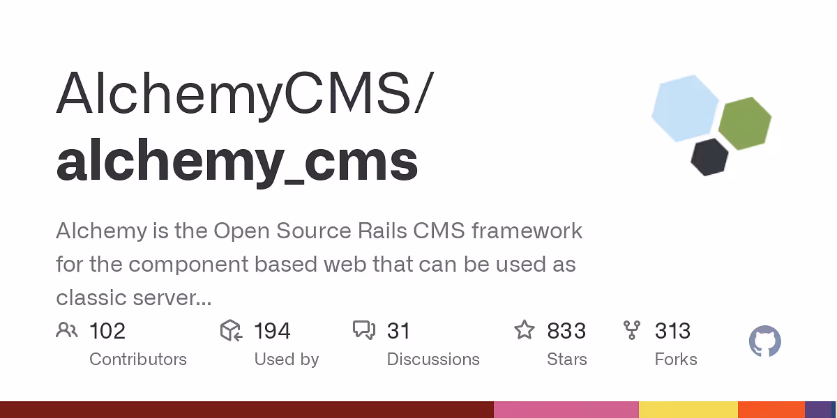  Alchemy is the Open Source Rails CMS framework for the component based web that can be used as classic server side rendered or headless CMS.