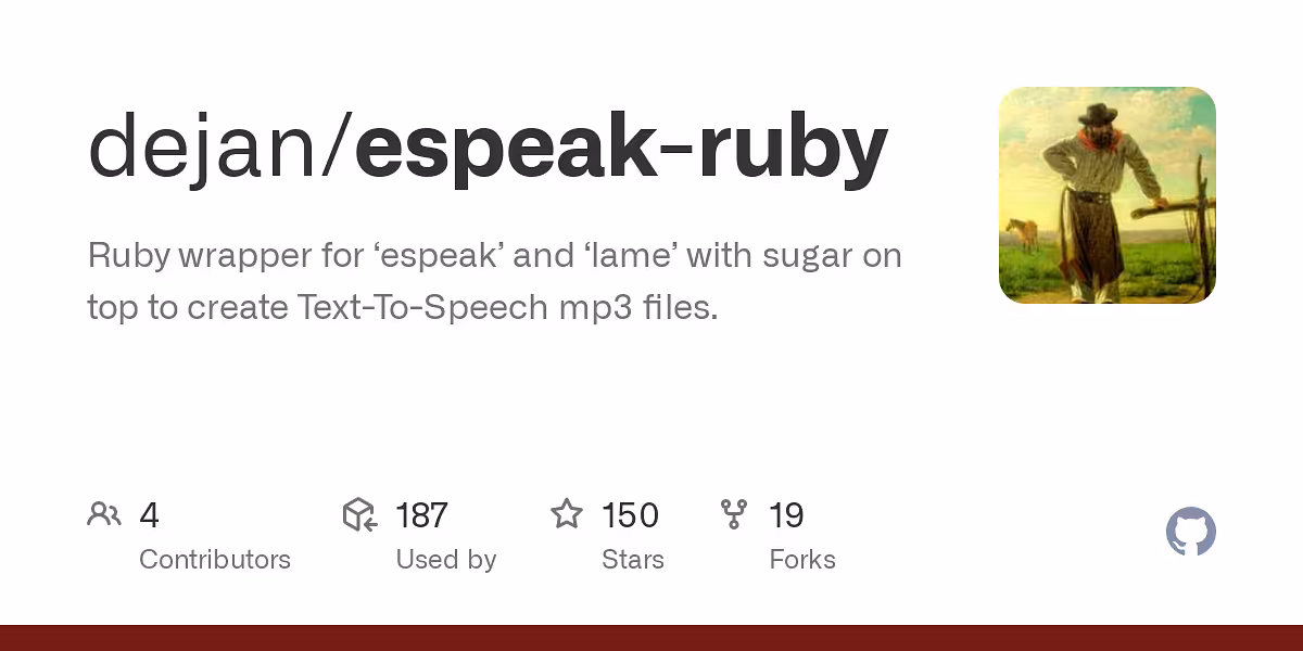  Ruby wrapper for ‘espeak’ and ‘lame’ with sugar on top to create Text-To-Speech mp3 files.