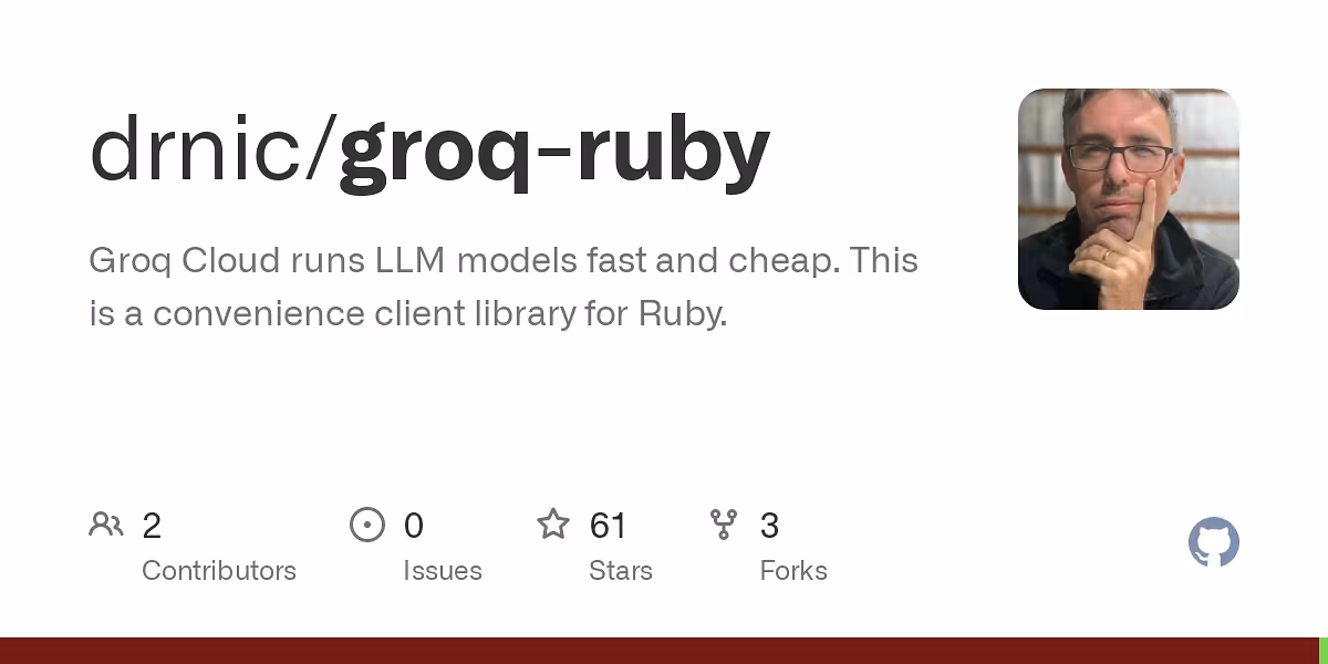 Groq Cloud runs LLM models fast and cheap. This is a convenience client library for Ruby.